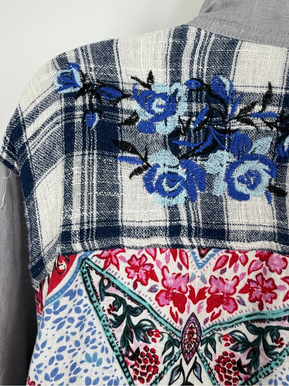 John Mark Linen Embroidered Floral Patchwork Tunic Shirt Boho Cottagecore XL - Picture 8 of 15